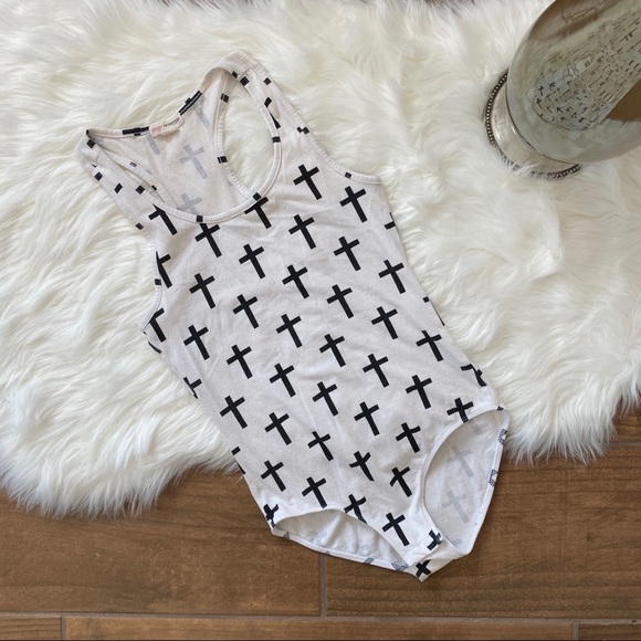 Cross Design Black and White Bodysuit - Picture 1 of 4
